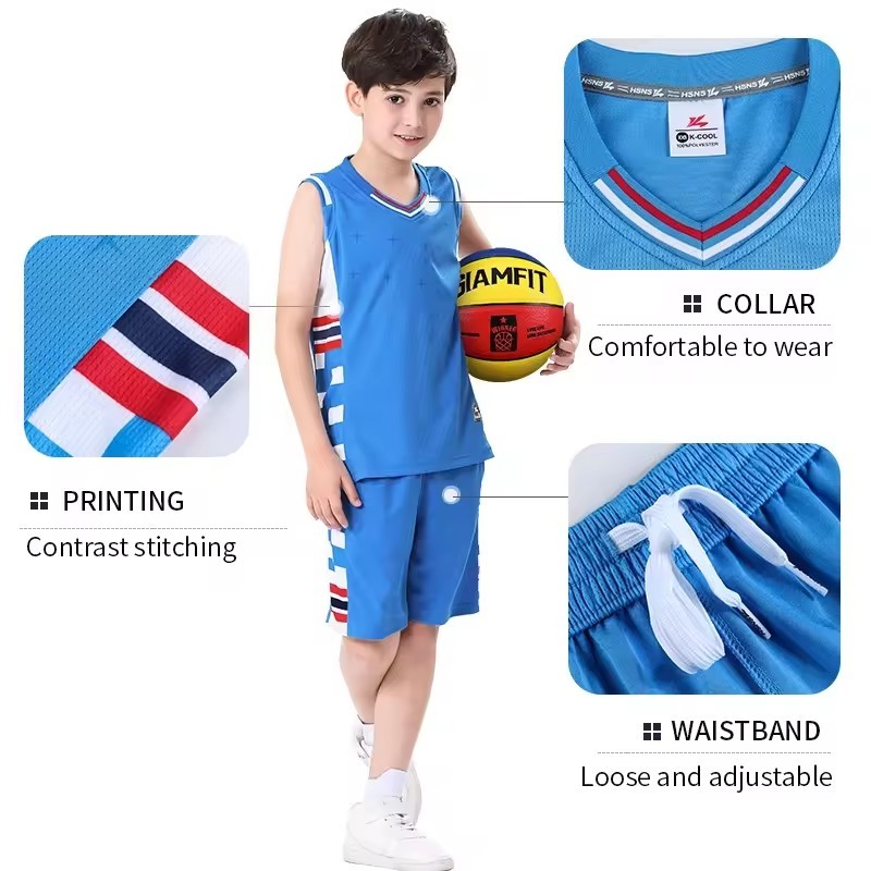 High Quality Fabric Polyester Mesh kids' Basketball Uniform Sets in Bizarre Sportswear.