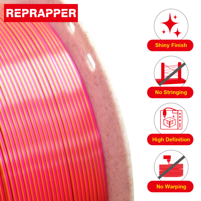 Reprapper Dual Color Silk Filament Coextrusion PLA Filament 1.75mm for 3D Printer & 3D Pen, Multicolor Like Rainbow PLA, 2.2lbs (1kg)