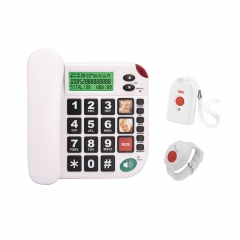 Teléfono de botón grande amplificado de línea fija de China con tecla SOS de emergencia y botones de foto de marcación rápida con collar de reloj colgante remoto de fábrica (S005)
