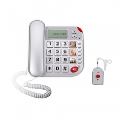 Teléfono de botón grande amplificado de línea fija de China con tecla SOS de emergencia y botones de foto de marcación rápida con collar de reloj colgante remoto de fábrica (S005)