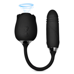 Customizable 10-Speed Black Color Silicone Clitoral Sucking Rose with Thrusting Vibrator