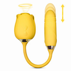 10-Speed Yellow Color Silicone Clitoral Sucking Rose with Thrusting Vibrator