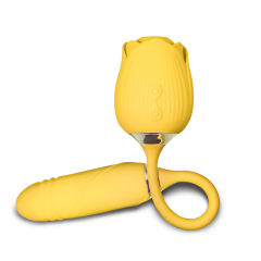 10-Speed Yellow Color Silicone Clitoral Sucking Rose with Thrusting Vibrator