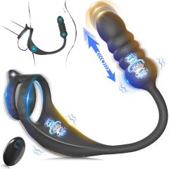 9-Speed Black Thrusting & Vibrating Rechargeable Silicone Prostate Massage with Dual Cock Rings and Remote Control