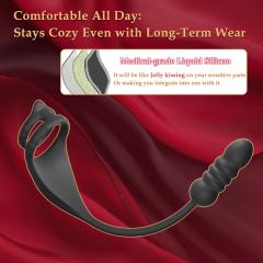9-Speed Black Thrusting & Vibrating Rechargeable Silicone Prostate Massage with Dual Cock Rings and Remote Control