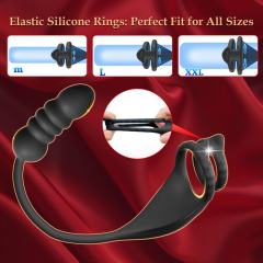 9-Speed Black Thrusting & Vibrating Rechargeable Silicone Prostate Massage with Dual Cock Rings and Remote Control