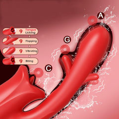 Customizable 10-Speed Red Silicone Rechargeable Big Mouth Vibrator with Tongue-Licking & Flapping