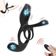 10-Speed Black 3-in-1 Rechargeable Silicone Vibrating Cock Ring for Couples