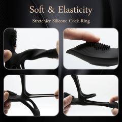 10-Speed Black 3-in-1 Rechargeable Silicone Vibrating Cock Ring for Couples