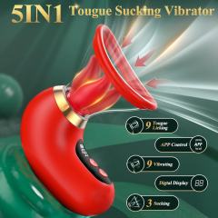 3-Mode Sucking and 9-Mode Tongue Licking Red App-Controlled Rechargeable Silicone Clitoral Stimulator with LCD Display and Removable Cup