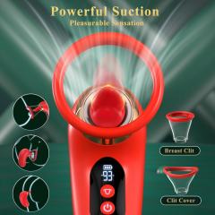 3-Mode Sucking and 9-Mode Tongue Licking Red App-Controlled Rechargeable Silicone Clitoral Stimulator with LCD Display and Removable Cup