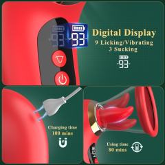 3-Mode Sucking and 9-Mode Tongue Licking Red App-Controlled Rechargeable Silicone Clitoral Stimulator with LCD Display and Removable Cup