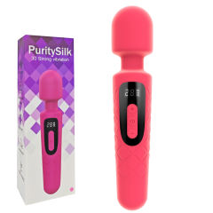 30-Mode Magenta Rechargeable Waterproof Silicone Wand Vibrator with Paowerful Motor and LED Display