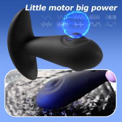 10-Mode Black Rechargeable Waterproof Remote Control Silicone Vibrating Butt Plug with Tapping Function