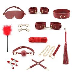 11-Piece Wine Red BDSM Bondage Set with Organizer Pouch