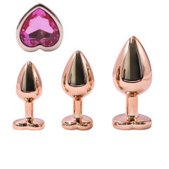 Rose Gold Metal Anal Plug Set (3 Sizes) with Heart-Shaped Pink Gem Base