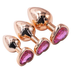 Rose Gold Metal Anal Plug Set (3 Sizes) with Heart-Shaped Pink Gem Base