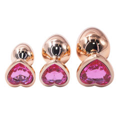 Rose Gold Metal Anal Plug Set (3 Sizes) with Heart-Shaped Pink Gem Base