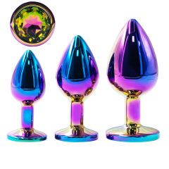 Rainbow Metal Anal Plug Set (3 Sizes) with Crystal Round Gem Base