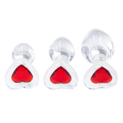 Clear Glass Anal Plug Set (3 Sizes) with Heart-Shaped Red Gem Base