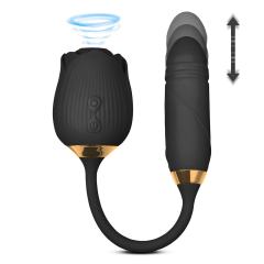 Customizable 10-Speed Black Color Silicone Clitoral Sucking Rose with Thrusting Vibrator