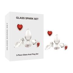 Customizable Clear Glass Anal Plug Set (3 Sizes) with Heart-Shaped Red Gem Base