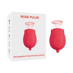 Customizable 7-Function Red Color Silicone Clitoral Rose Sucking Vibrator with Vibrating Tongue