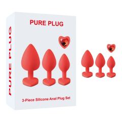 Customizable Red Color Silicone Butt Plug Set with Red Heart Gem Base