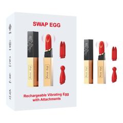 Customizable 4.33" Black & Red Rechargeable Waterproof Silicone 10-Mode Vibrating Egg with Interchangeable Heads