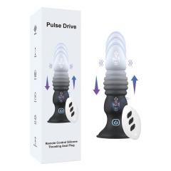 5.71" Black & White Rechargeable Remote Control Silicone Thrusting Anal Plug – 7 Vibrating + 7 Thrusting Modes with Suction Base