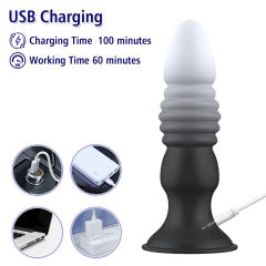 5.71" Black & White Rechargeable Remote Control Silicone Thrusting Anal Plug – 7 Vibrating + 7 Thrusting Modes with Suction Base