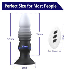 5.71" Black & White Rechargeable Remote Control Silicone Thrusting Anal Plug – 7 Vibrating + 7 Thrusting Modes with Suction Base