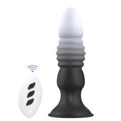 5.71" Black & White Rechargeable Remote Control Silicone Thrusting Anal Plug – 7 Vibrating + 7 Thrusting Modes with Suction Base