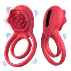 9-Speed Red Rechargeable Silicone Vibrating Cock Ring with Rose Clitoral Stimulator