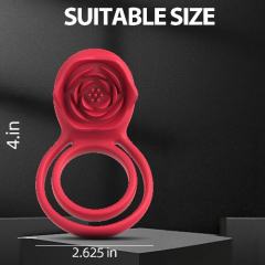 9-Speed Red Rechargeable Silicone Vibrating Cock Ring with Rose Clitoral Stimulator