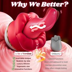 5.52" Red Rechargeable Silicone Tongue-Licking Vibrator – 9 Vibrating + 9 Tongue-Licking + 9 Biting Modes