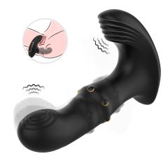6.11" Black Rechargeable Waterproof Silicone Remote-Controlled Beads Motion Prostate Massager – 9 Vibrating + 9 Wiggling + 9 Beads Motion Modes