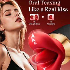 Black & Red Rechargeable Waterproof Silicone App-Controlled Rose Massager – 10 Vibrating + 10 Tongue-Licking + 10 Gripping Modes