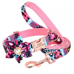 Pearl Flower Fancy Luxury Nylon Pet Rose Gold Metal Buckle Personalized Dog Collars And Leash Set