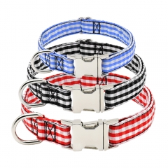 Pet Custom Fashion Check Pattern Lase Engraving Personalized Premium Metal Buckle Plaid Dog Collar