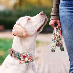 Attached Bowknot Flower Accessories Collars Leash Rose Gold Metal Engraved Bow Pet Custom Logo Luxury Dog Collar And Leash Set