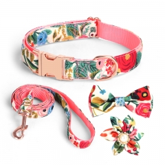 Attached Bowknot Flower Accessories Collars Leash Rose Gold Metal Engraved Bow Pet Custom Logo Luxury Dog Collar And Leash Set