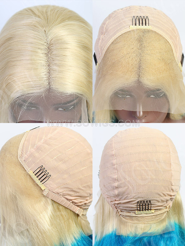 Ombre Color Blonde Blue Human Hair 150% Density Lace Frontal Bob Wig with Natural Baby Hair