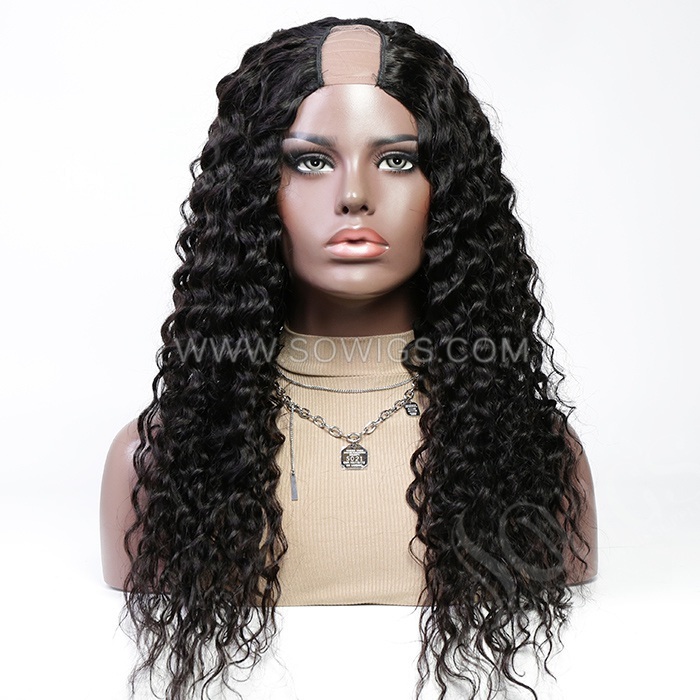 U Part Wigs V Part Wigs 150% /200% /300% Density Deep Wave Virgin Human Hair Natural Color