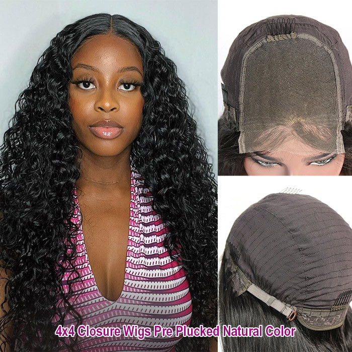4x4 Closure Wigs 150% Density 200% Density Lace Wigs Pre Plucked Virgin Human Hair Natural Color