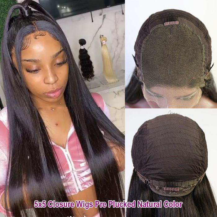 5x5 Closure Wigs 150% Density 200% Density Lace Wigs Pre Plucked Virgin Human Hair Natural Color