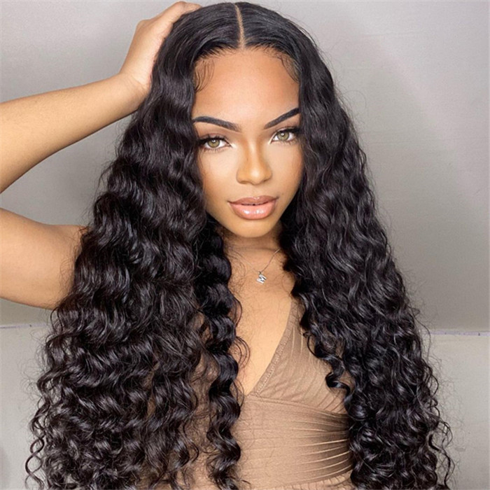 Lace Front Wigs Deep Wave 130% Density Virgin Human Hair Natural Color Natural or Realistic edges
