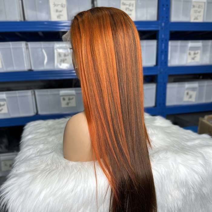 Highlight Color 4/350# Ginger 13*4 Full Frontal Lace Wigs Straight Hair 150% Density Virgin Human Hair Natural Hairline
