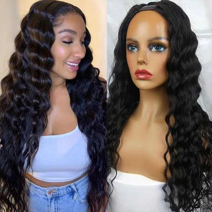 (New) U Part Wigs V Part Wigs 150% /200% /300% Density Loose Deep Wave Virgin Human Hair Natural Color