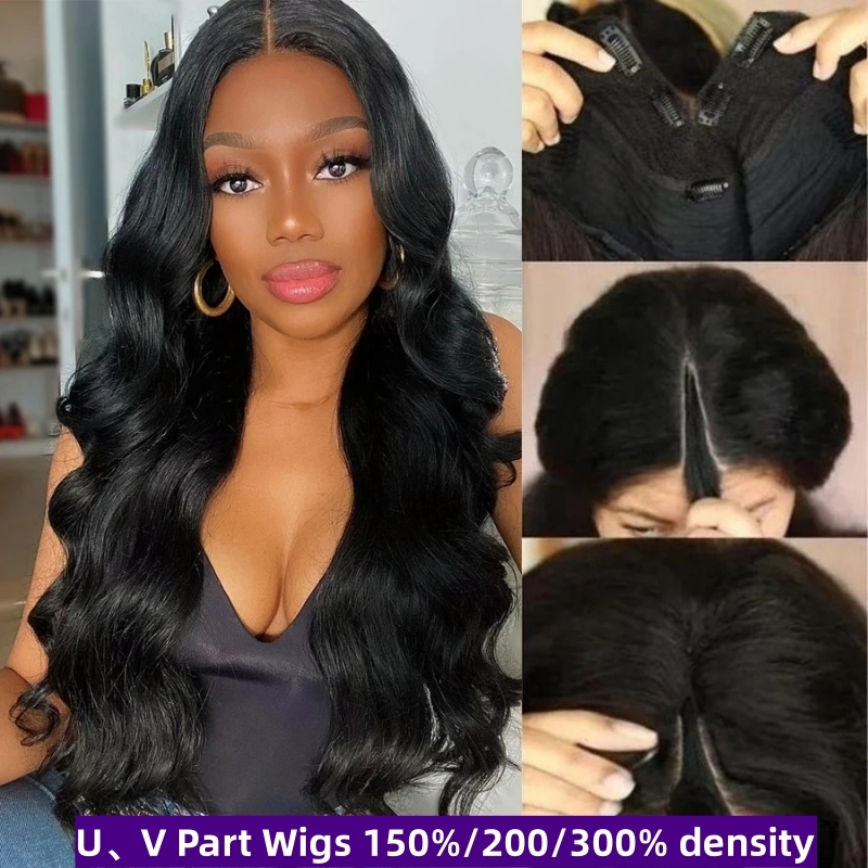 U Part Wigs V Part Wigs 150% /200% /300% Density Body Wave Virgin Human Hair Natural Color